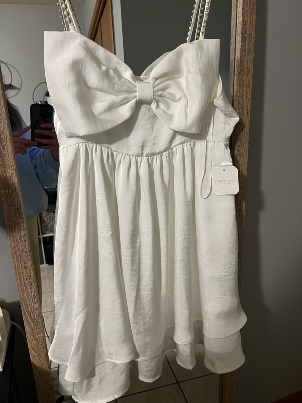 Altar'd State White Mini Dress with Bow Front Bridal
